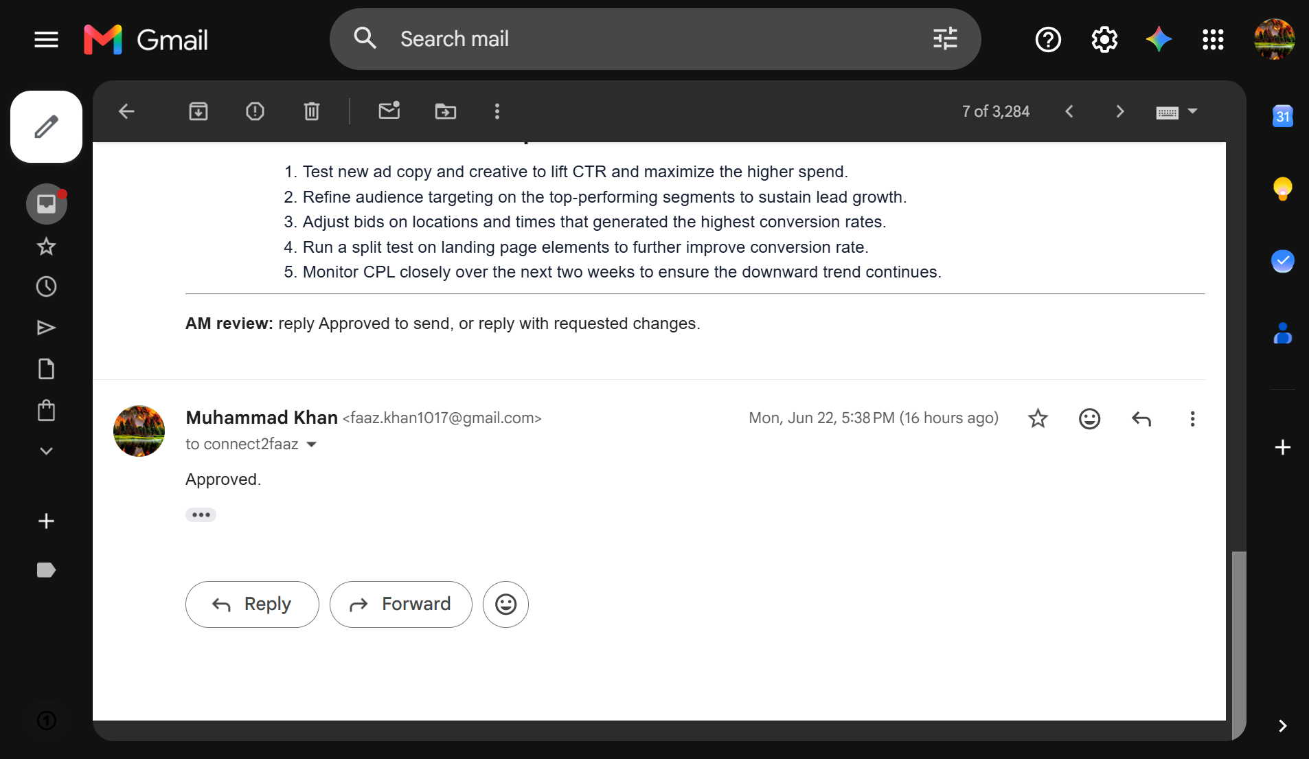 An account manager replies Approved to a ReportOps draft in Gmail