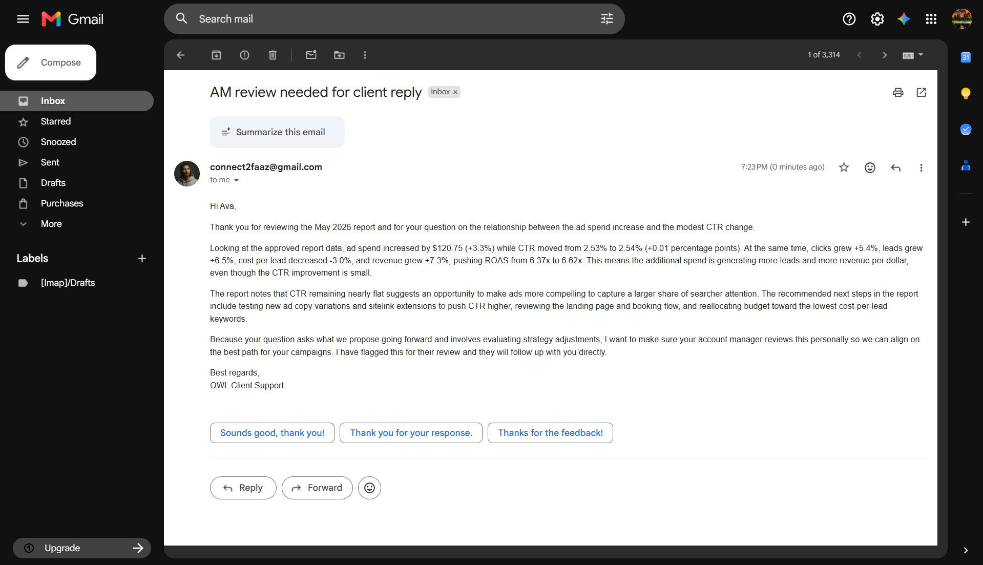 Gmail view of a follow-up question routed for account manager review