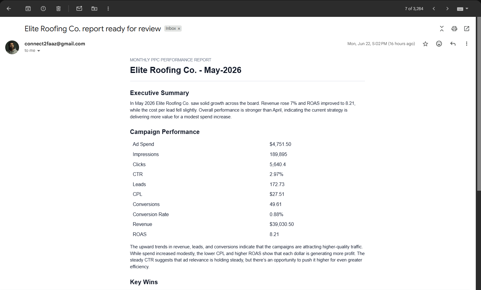 A drafted monthly PPC performance report open in Gmail, with an executive summary and a campaign metrics table